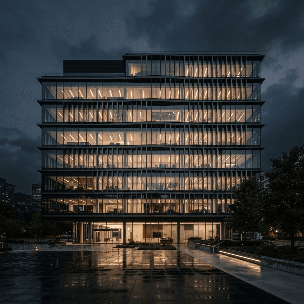 Modern commercial building at dusk with illuminated glass facade