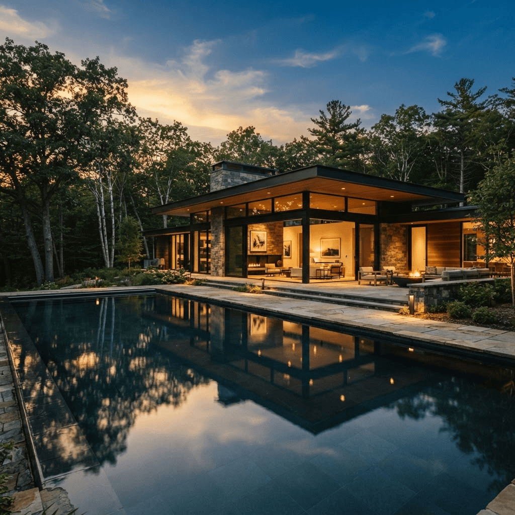 Contemporary architecture with glass walls beside a reflecting pool at dusk